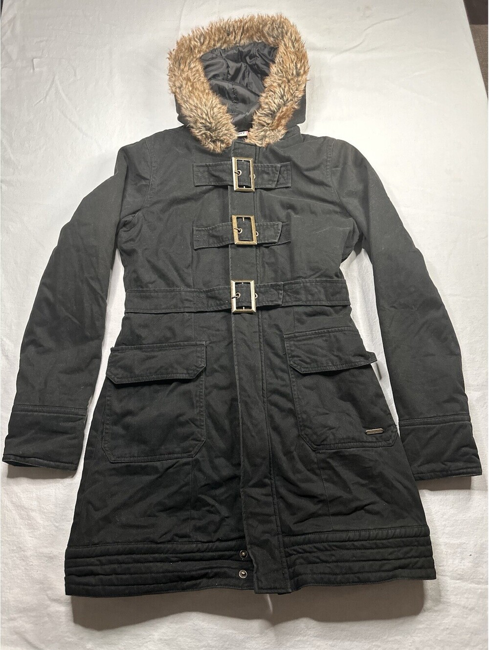 Y2K Roxy Utility Parka Jacket Women's Small Petite Faux Fur Hood Buckle Front